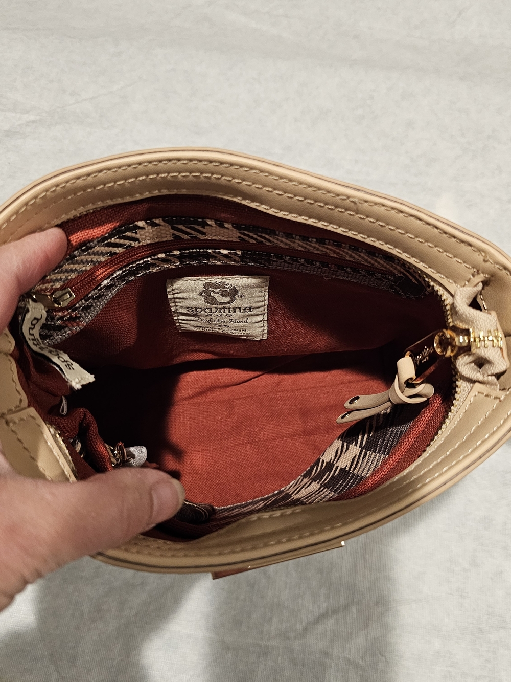 Spartina 449 Plaid Crossbody with Tan Trim and Red Accents - Picture 3 of 4